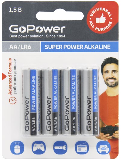 

Батарейка GoPower 00-00015601 LR6 AA BL4 Alkaline 1.5V блистер (4 шт.), 00-00015601