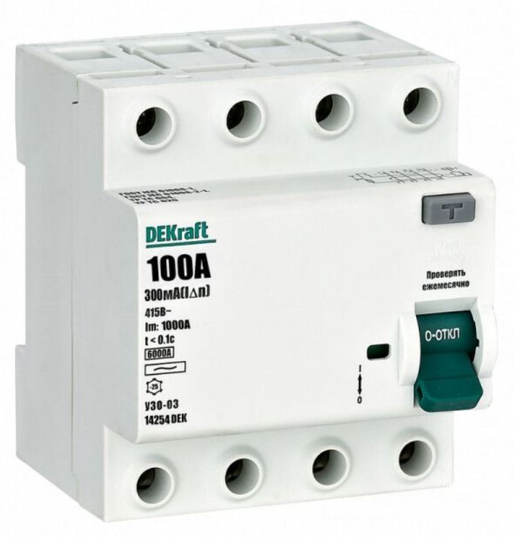 

УЗО DEKraft 14254DEK ВДТ 4P 100A 300мА тип AC 6кА, 14254DEK
