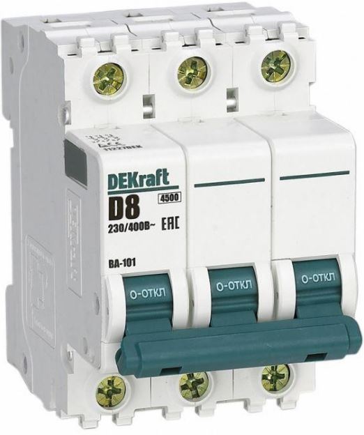 

Автоматический выключатель DEKraft 11227DEK 3Р 8А х-ка D ВА-101 4,5кА, 11227DEK