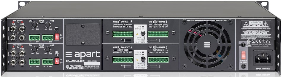 

Усилитель BIAMP REVAMP4240T 912.0657.900/911.0657.900 4-канальный, трансляционный: 4х240Вт(4Ом/100В); 4х120Вт /8Ом. Bridge:2х480Вт(8Ом/100В). Вх.: 4хR, REVAMP4240T