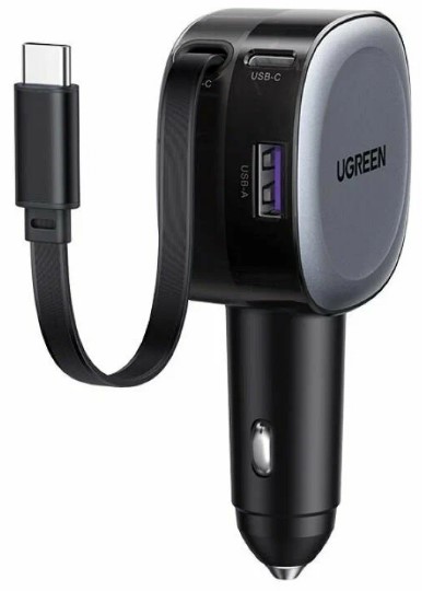 

Зарядное устройство автомобильное UGREEN EC601 55653_ 75W 2*USB-C PD+USB-A Fast Car Charge с выдвижным кабелем. Цвет: серый, EC601