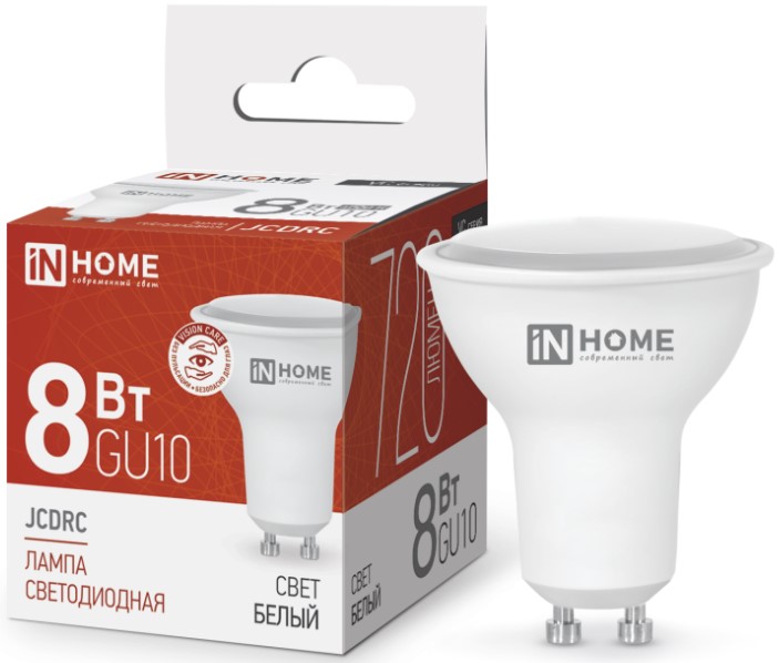 

Лампа светодиодная IN HOME 4690612023441 LED-JCDRC-VC 8Вт рефлектор 4000К нейтральный, белый GU10 720лм, 4690612023441