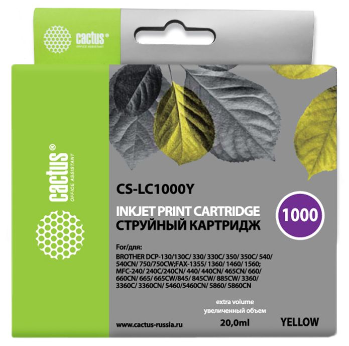 

Картридж Cactus CS-LC1000Y желтый для Brother DCP 130C/330С/MFC-240C/5460CN (20мл), CS-LC1000Y