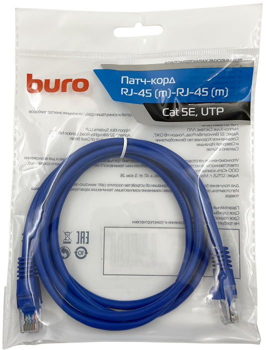 

Кабель патч-корд U/UTP 5e кат. 1м Buro UTP-5E-1M-BL литой (molded), 4 пары, 26AWG, CCA, голубой, UTP-5E-1M-BL
