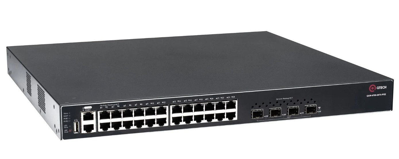 

Коммутатор управляемый QTECH QSW-4700-28TX-POE стекируемый уровня L3 с поддержкой PoE 802.3af/at, 24*10/100/1000 BASE-T, 4*10GbE SFP+, 4K VLAN, 32K MA, QSW-4700-28TX-POE