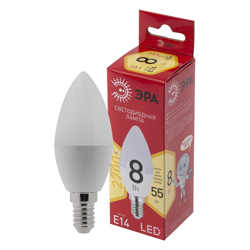

Лампа светодиодная ЭРА Б0050694 LED B35-8W-827-E14 R (диод, свеча, 8Вт, тепл, E14) (10/100/3500), Б0050694