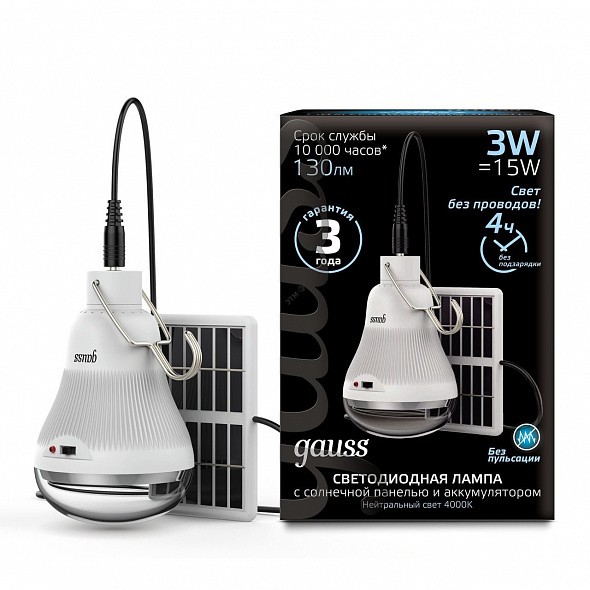 

Лампа светодиодная Gauss 902102203 Led A60 3W 130lm 4000K с солнечной панелью 1/40, 902102203