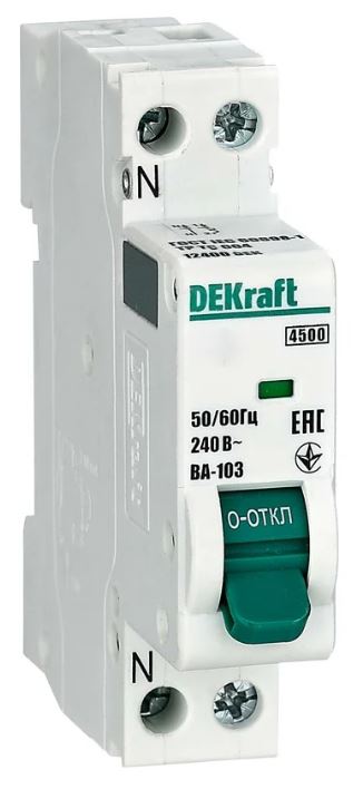 

Автоматический выключатель DEKraft 12411DEK 1+N 25А х-ка D ВА-103 4,5кА, 12411DEK
