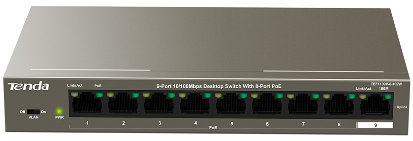 

Коммутатор неуправляемый Tenda TEF1109P-8-102W 8x10/100 PoE+(PoE бюджет 92W), 1x10/100, TEF1109P-8-102W