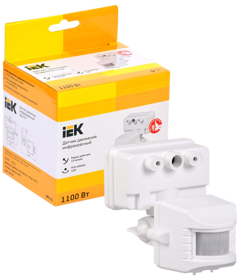 

Датчик движения IEK LDD13-019-1100-001 ДД 019 белый, макс. нагрузка 1100Вт, угол обзора 120град., дальность 12м, IP44,, LDD13-019-1100-001