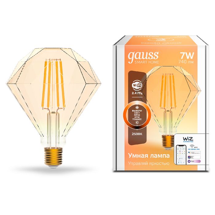 

Лампа светодиодная Gauss 1350112 филаментная Smart Home DIM E27 Diamond Golden 7 Вт 740 лм, 1350112