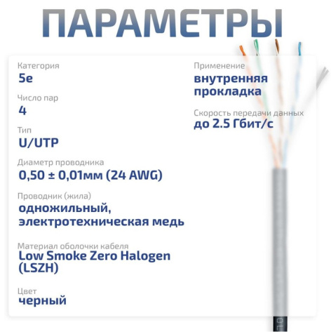 фото Кабель витая пара U/UTP 5e кат. 4 пары Cabeus UTP-4P-Cat.5e-SOLID-LSZH-BK-20 в Воронеже