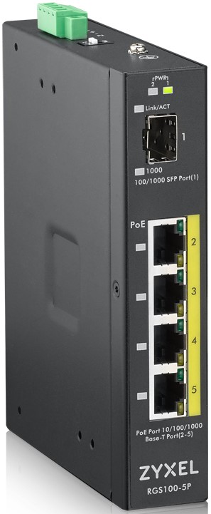 

Коммутатор неуправляемый ZYXEL RGS100-5P-ZZ0101F промышленный, PoE+, 4xGE PoE+, 1xSFP, крепление на стену/DIN-рейку, IP30, два источника питания DC, б, RGS100-5P-ZZ0101F