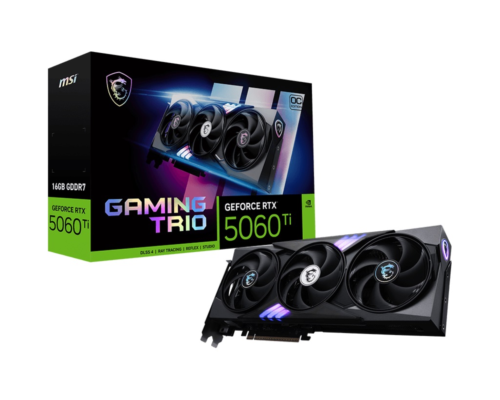 

Видеокарта PCI-E MSI GeForce RTX 5060 TI GAMING TRIO OC (RTX 5060 Ti 16G GAMING TRIO OC) 16GB GDDR7 128bit 5nm 2647/28000MHz HDMI 3*DP, GeForce RTX 5060 TI GAMING TRIO OC (RTX 5060 Ti 16G GAMING TRIO OC)