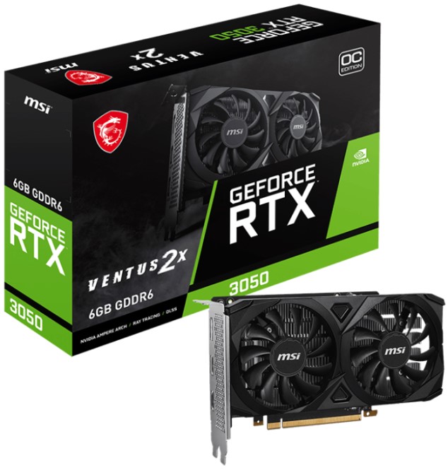 

Видеокарта PCI-E MSI GeForce RTX 3050 (RTX 3050 VENTUS 2X 6G OC) 6GB GDDR6 96bit 8nm 1492/14000MHz 2*HDMI/DP, GeForce RTX 3050 (RTX 3050 VENTUS 2X 6G OC)