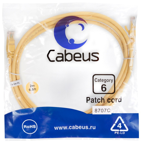 фото Кабель патч-корд U/UTP 6 кат. 2м Cabeus PC-UTP-RJ45-Cat.6-2m-YL в Краснодаре