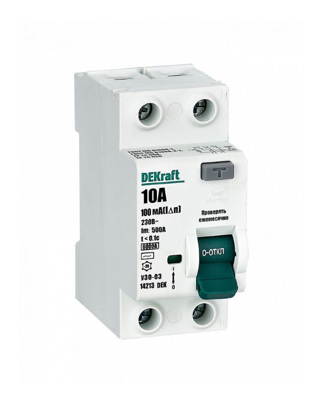

УЗО DEKraft 14213DEK ВДТ 2P 10А 100мА тип AC 6кА, 14213DEK
