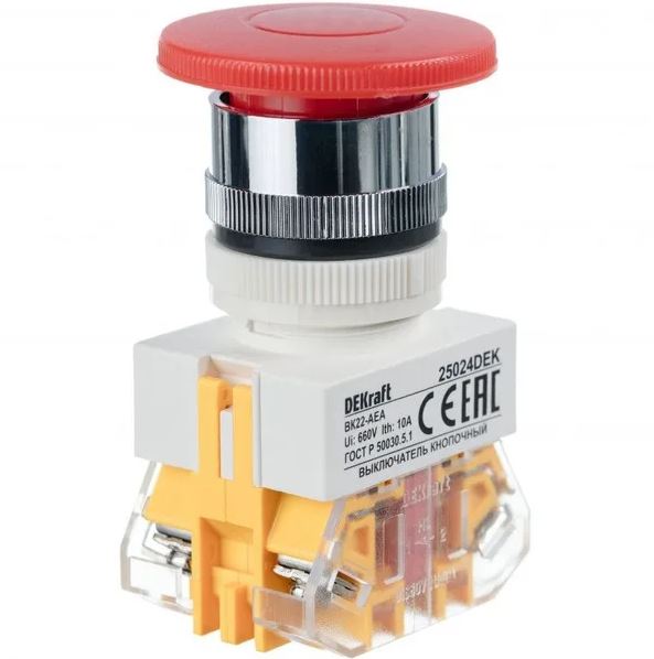 

Выключатель DEKraft 25024DEK кноп. грибок AEA D22 КРАСНЫЙ 220В ВK-22, 25024DEK