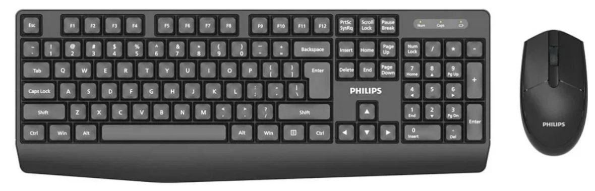 

Клавиатура и мышь Wireless Philips SPT6337 2.4 GHz 104 клав/3 кнопки, 1600dpi, русская заводская раскладка, чёрный, SPT6337