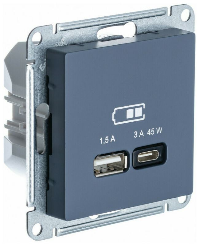

Розетка USB Systeme Electric ATN000729 AtlasDesign A + тип-C 45Вт высокоскор.заряд. QC,PD, мех., Грифель, ATN000729
