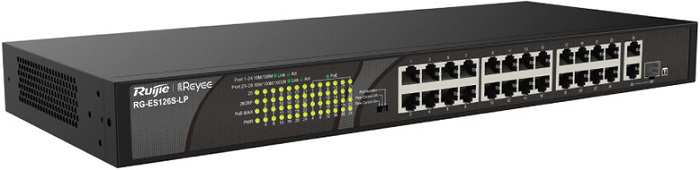 

Коммутатор неуправляемый RUIJIE NETWORKS RG-ES126S-LP 24-Port 10/100Mbps + 1 Gigabit RJ45 Port, 1 Gigabit RJ45/SFP combo Port, 24 of the ports support, RG-ES126S-LP