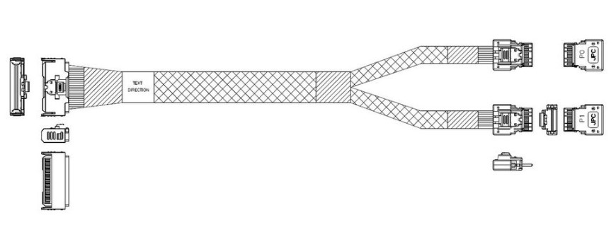 

Кабель JPC P7332DN10800-1 MCIO x8 74P (прямой Straight Type) -TO- 2x Slimline SAS x4 38P (SFF8654, прямой Straight Type) , 85 Ohm, L:80cm (CMC254), P7332DN10800-1