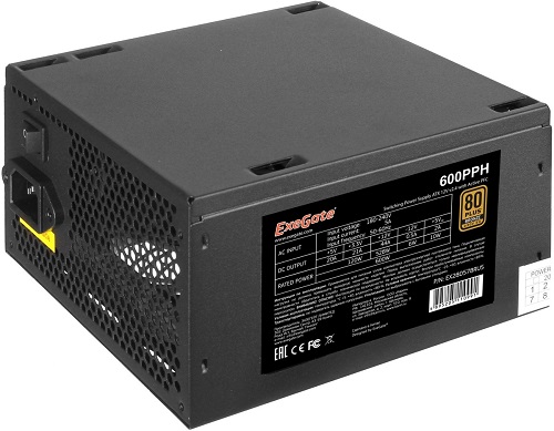 

Блок питания ATX Exegate 600PPH-OEM 600W, 80+Bronze, black, APFC, 12cm, 24p, (4+4)p, 5*SATA, 3*IDE, 600PPH-OEM