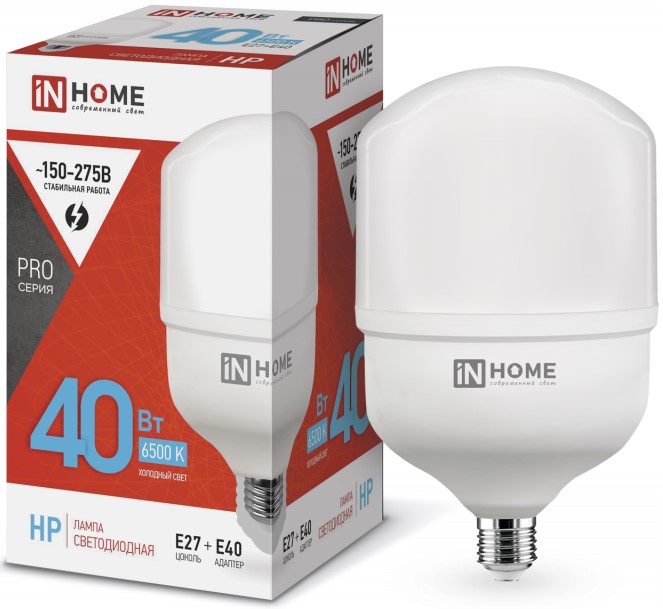 

Лампа светодиодная IN HOME 4690612031101 высокомощная LED-HP-PRO 40Вт цилиндр 6500К холодный, белый E27 3800лм 230В с адаптером, 4690612031101