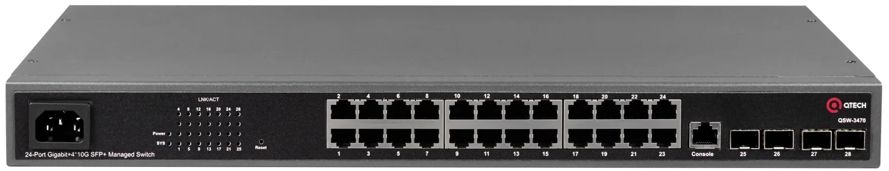 

Коммутатор QTECH QSW-3470-28TX-AC уровня L2+, 24 порта 10/100/1000BASE-T, 4*10GbE SFP+, 4K VLAN, 16K MAC адресов, консольный порти, 220В АС, QSW-3470-28TX-AC