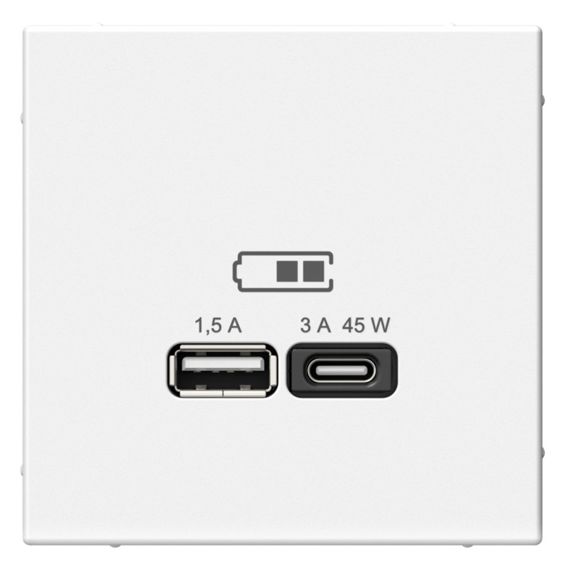 

Розетка USB Systeme Electric GAL000129 ArtGallery A + тип-C 45Вт высокоскор.заряд. QC, PD, механизм, белый, GAL000129