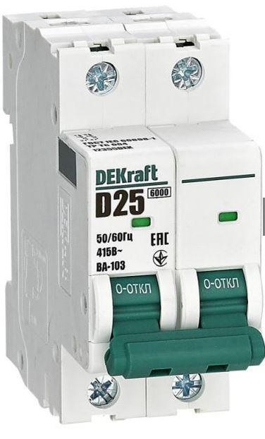 

Автоматический выключатель DEKraft 12355DEK 2Р 25А х-ка D ВА-103 6кА, 12355DEK