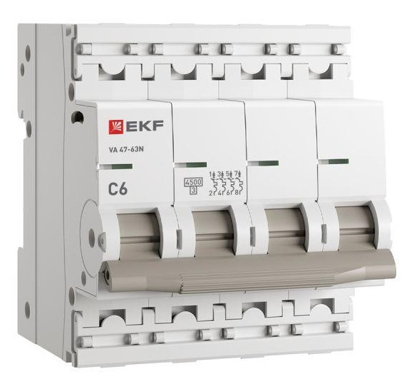 

Автоматический выключатель EKF M634406C 4P 6А (C) 4,5kA ВА 47-63N PROxima, M634406C
