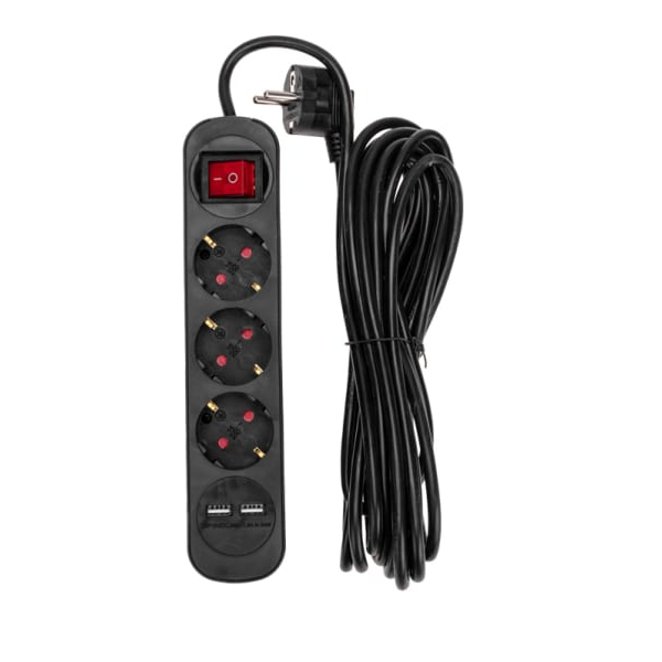 

Удлинитель Rexant 13-4023 STANDARD 3 гнезда, 5м, 3х1,0мм2, с/з, с выключателем, 2 USB, черный, 13-4023