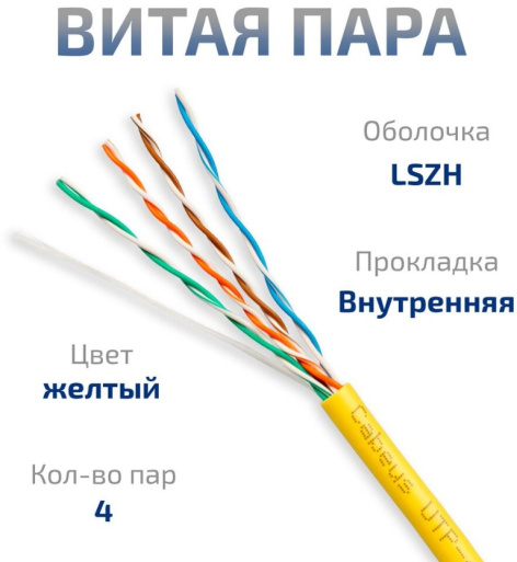 фото Кабель витая пара U/UTP 5e кат. 4 пары Cabeus UTP-4P-Cat.5e-SOLID-LSZH-YL-25 в Краснодаре
