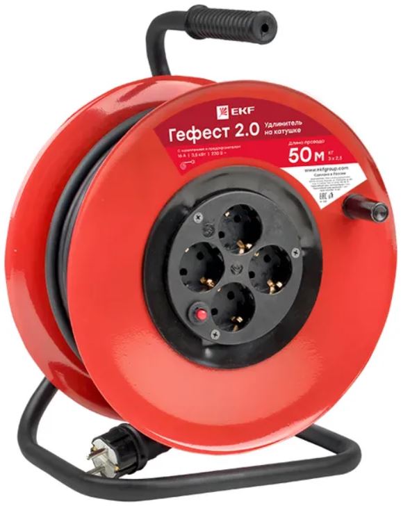 

Удлинитель на катушке EKF UKG02-16-R325-4-50-IP44 "Гефест 2.0" 4 гнезда 50м с заземлением и предохранителем КГ 3*2,5 16А/3,5кВт IP44 PROxima, UKG02-16-R325-4-50-IP44