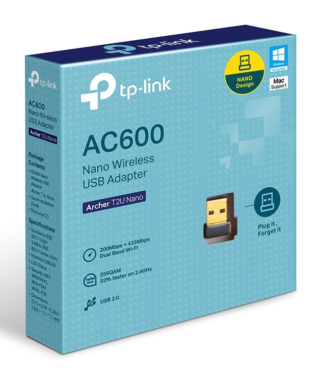 

Сетевая карта TP-LINK Archer T2U Nano AC600 двухдиапазонный Wi-Fi, до 433 Мбит/с на 5 ГГц или до 200 Мбит/с на 2,4 ГГц, 802.11ac/a/b/g/n, USB 2.0, Archer T2U Nano