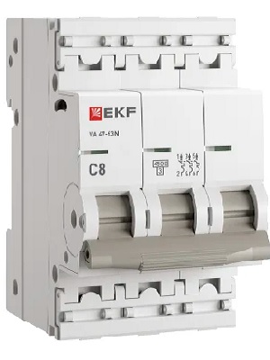

Автоматический выключатель EKF M634308C 3P 8А (C) 4,5kA ВА 47-63N PROxima, M634308C