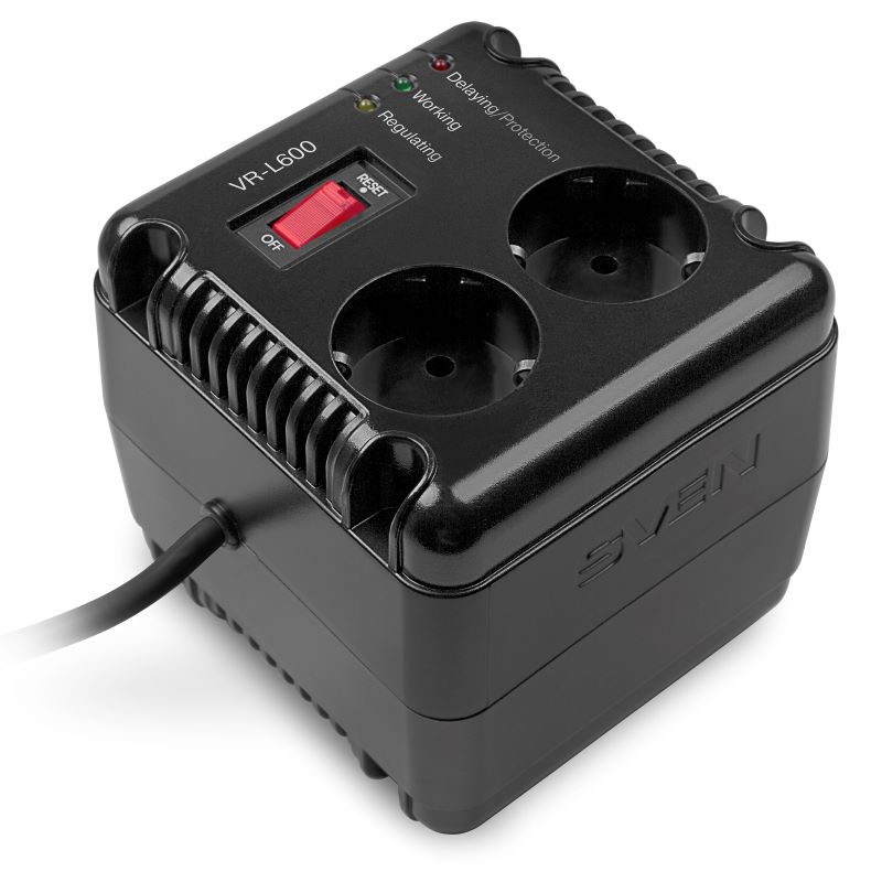 

Стабилизатор SV-014865 Stabilizer SVEN VR-L 600, Relay, 200W, 184-285v, 2 euro outlets, black, 118  106  112mm, 1.4kg., SV-014865
