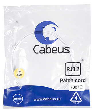 

Кабель патч-корд Cabeus PC-TEL-RJ12-1m 6p4c телефонный, 1 м, белый, PC-TEL-RJ12-1m