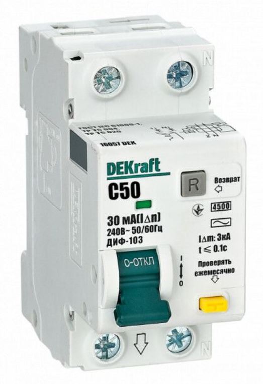 

Автомат дифференциальный DEKraft 16057DEK 1Р+N 50А 30мА тип AC х-ка C ДИФ-103 4.5кА, 16057DEK