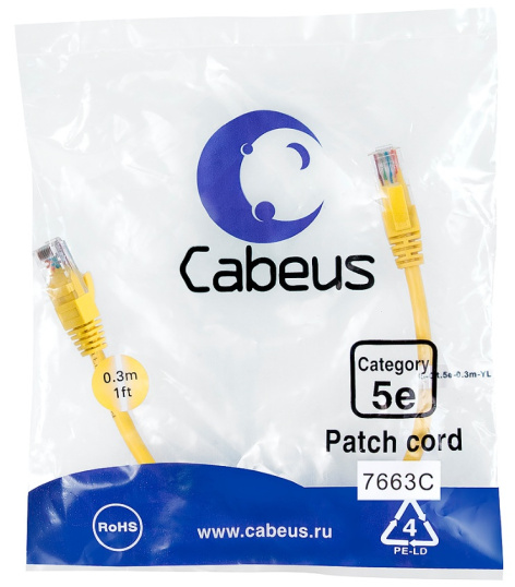 фото Кабель патч-корд U/UTP 5e кат. 0.3м Cabeus PC-UTP-RJ45-Cat.5e-0.3m-YL-LSZH в Челябинске