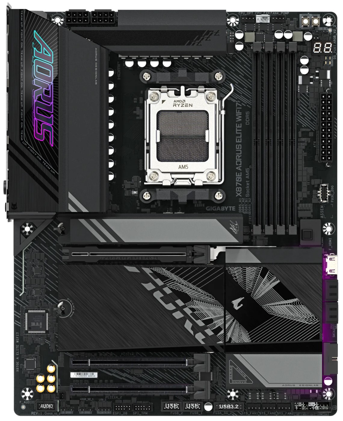

Материнская плата ATX GIGABYTE X870E AORUS ELITE WIFI7 (AM5, AMD X870E, 4*DDR5 (8000), 4*SATA 6G RAID, 4*PCIE, 2*USB4, 6*USB 3.2, 4*USB 2.0, HDMI)RTL, X870E AORUS ELITE WIFI7