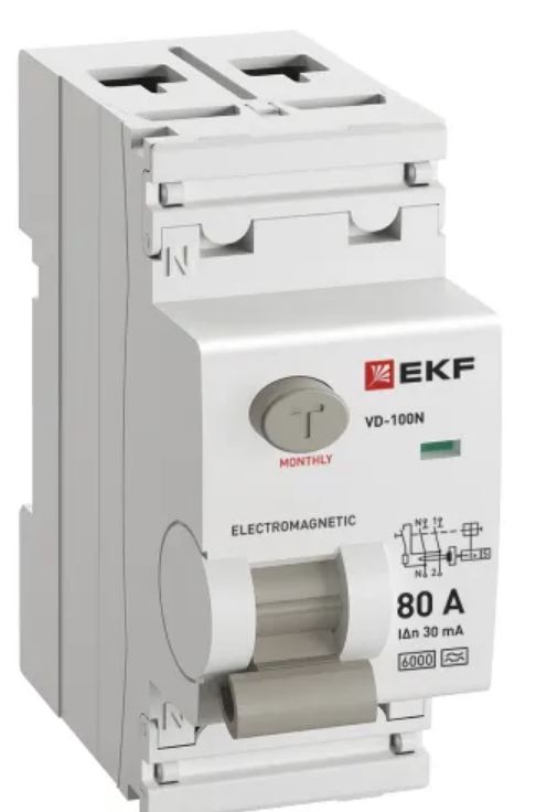 

УЗО EKF E1026MA8030 ВДТ ВД-100N 2P 80А 30мА A эл-мех 6кА PROXIMA, E1026MA8030