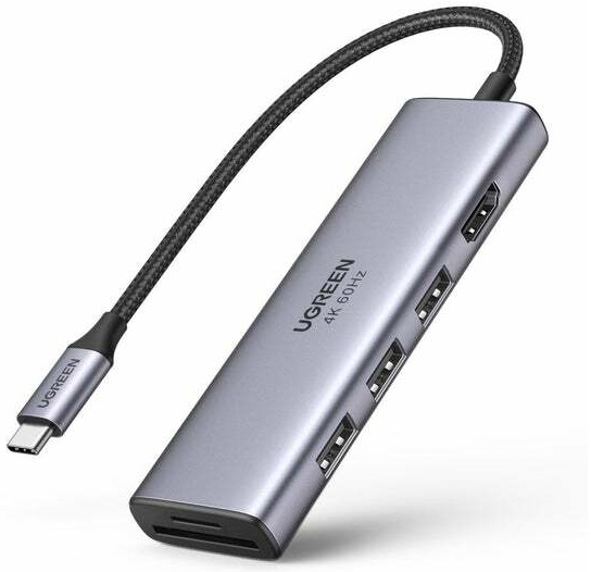 

Адаптер UGREEN 60383 3*USB 3.0 A+HDMI+SD/TF+PD, серый космос, 60383