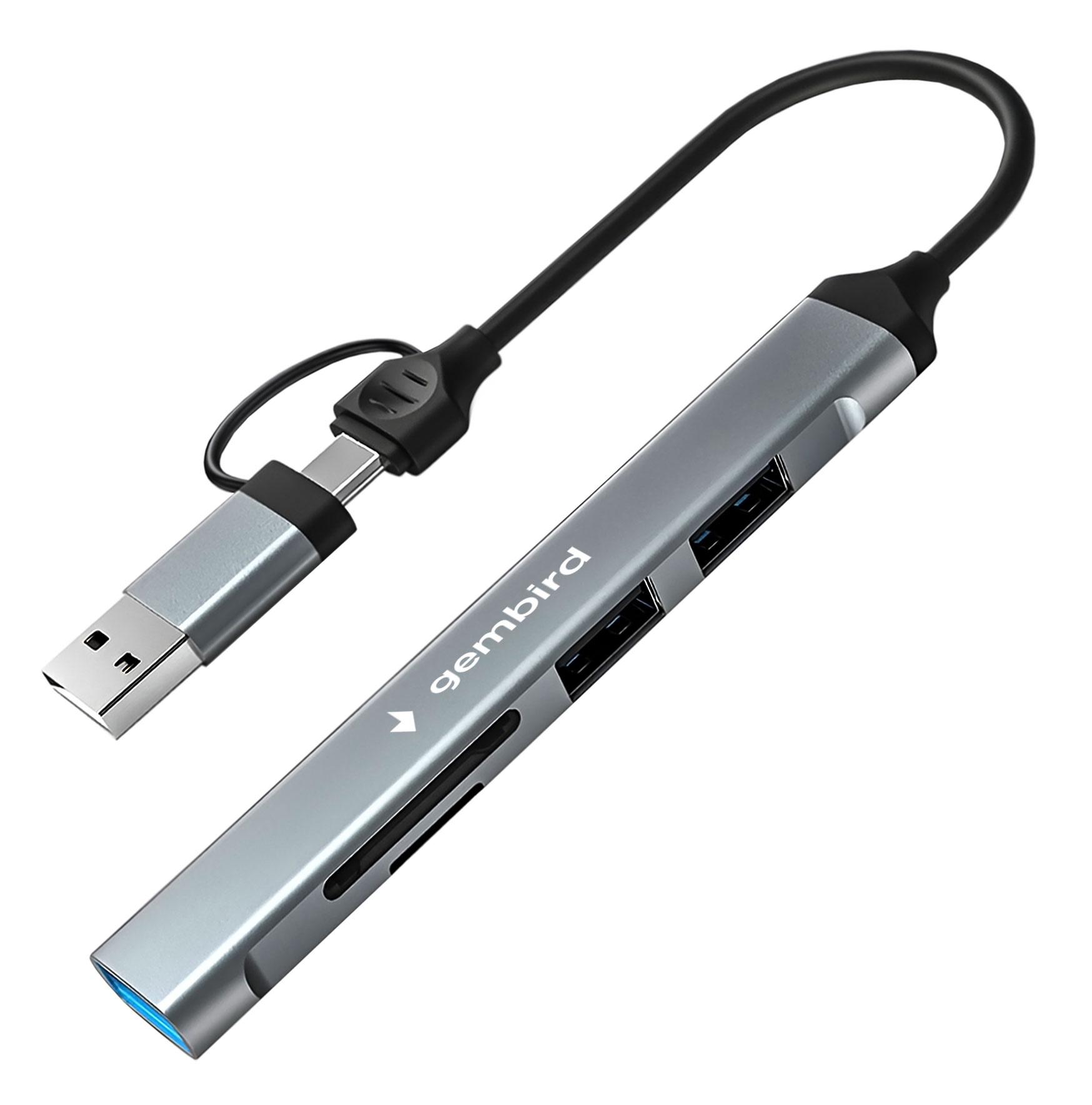 

Карт-ридер Gembird FD2-MSD-3 Type-C/USB-A (3.1), 5в1: 2xUSB2.0, USB3.1, SD/TF, кабель 10см, алюминий, FD2-MSD-3