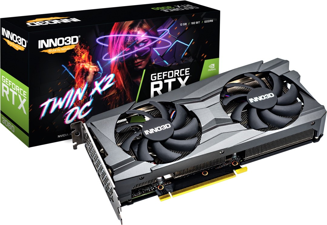 

Видеокарта PCI-E Inno3D GeForce RTX 3060 TWIN X2 OC (N30602-12D6X-11902120H) 12GB GDDR6 192 bit 8nm HDMI/3*DP, GeForce RTX 3060 TWIN X2 OC (N30602-12D6X-11902120H)
