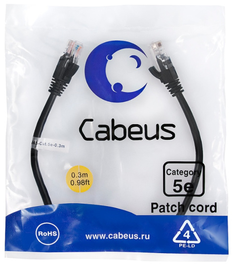 фото Кабель патч-корд U/UTP 5e кат. 0.3м Cabeus PC-UTP-RJ45-Cat.5e-0.3m-BK-LSZH в Краснодаре