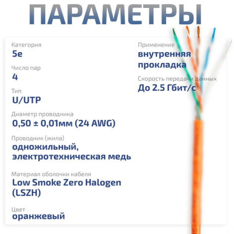 фото Кабель витая пара U/UTP 5e кат. 4 пары Cabeus UTP-4P-Cat.5e-SOLID-LSZH-20 в Санкт-Петербургe
