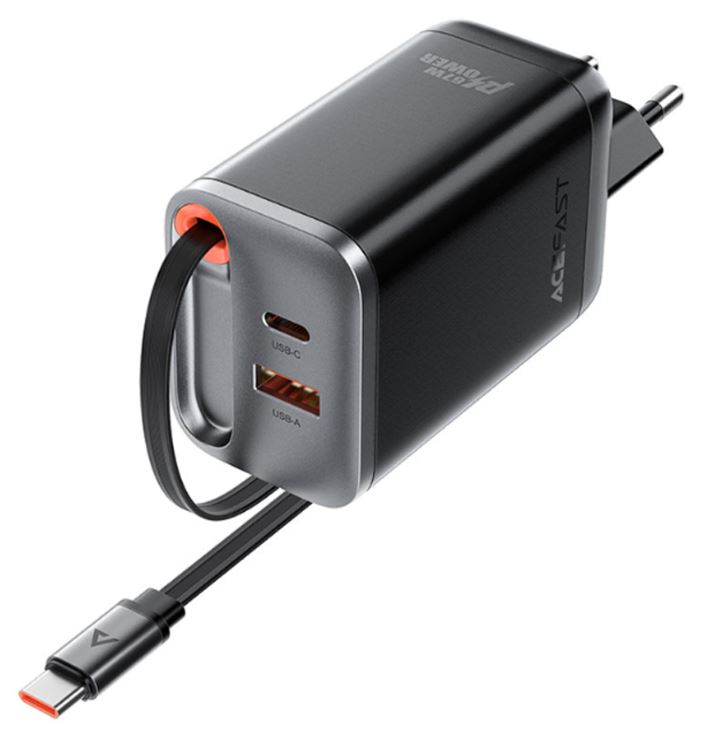 

Зарядное устройство сетевое ACEFAST A111 PD67W Gan Charger 2*USB-C+USB-A With Retractable Cable с кабелем. Цвет: черный, A111