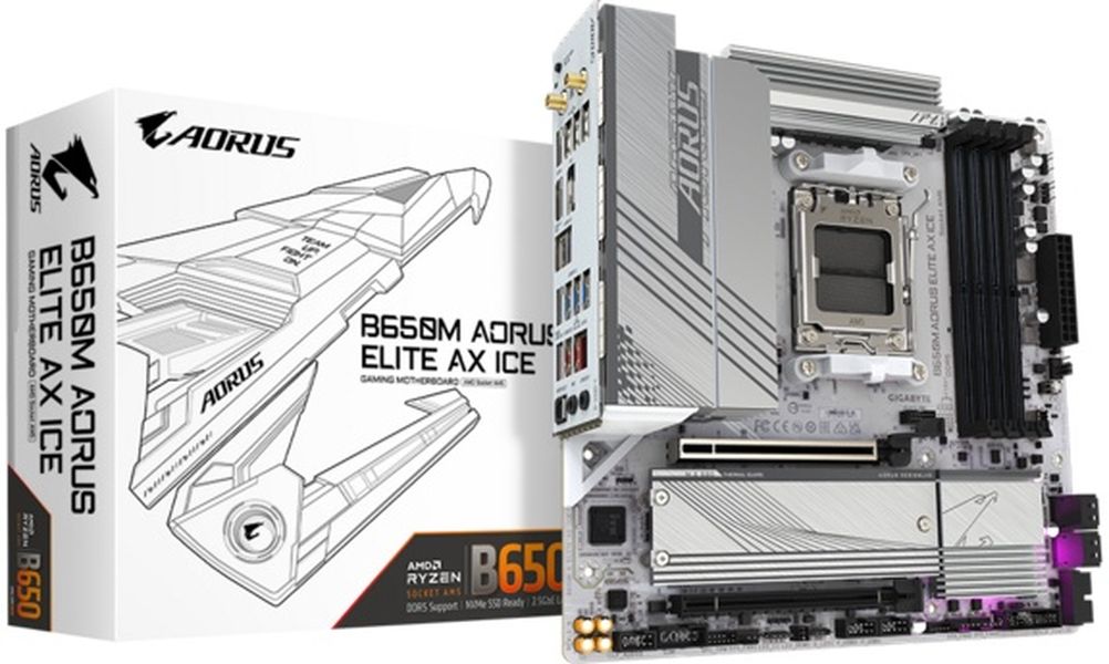 

Материнская плата mATX GIGABYTE B650M A ELITE AX ICE (AM5, AMD B650, 4*DDR5 (8000), 4*SATA 6G RAID, 2*M.2, 2*PCIE, 2.5Glan, WiFi, BT, HDMI, DP, USB Ty, B650M A ELITE AX ICE